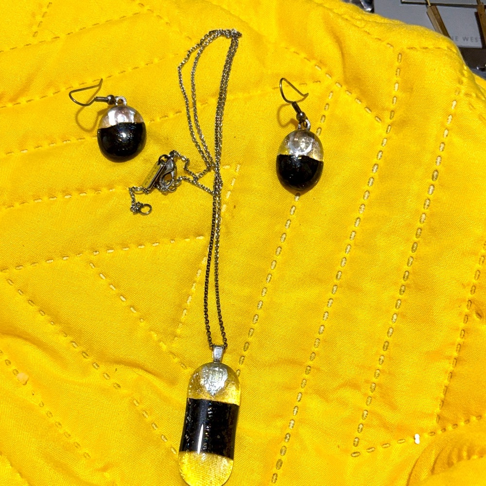 Silver and Black Pendant Necklace with Matching Earrings - Women Jewelry
